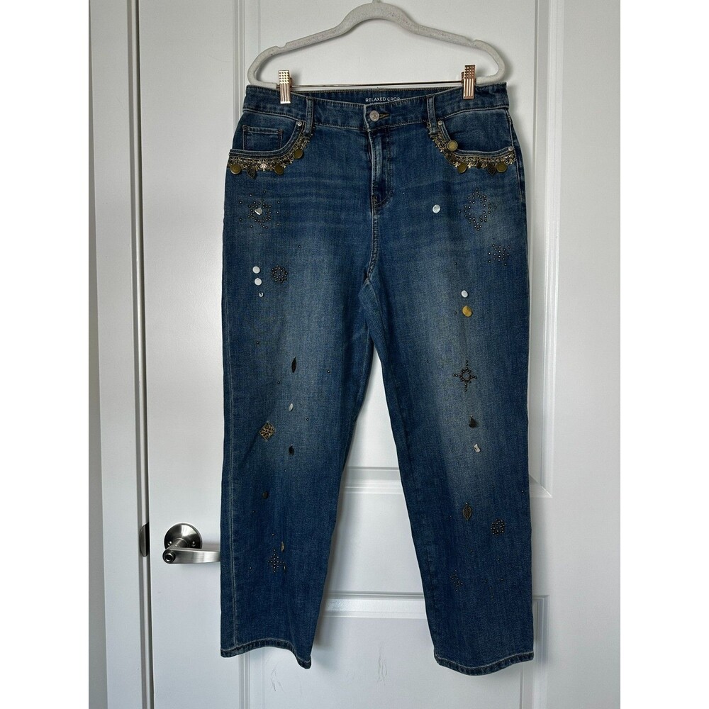 Chico's Relaxed Crop Jeans Blue Embellished Beaded Cropped Denim Size 1.5 US 10 - Picture 3 of 8